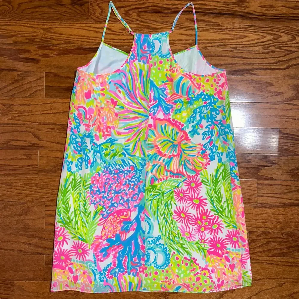 Lilly Pulitzer Dusk Colorful Neon ‘Lovers Coral’ Silk Mini Slip Dress Size M